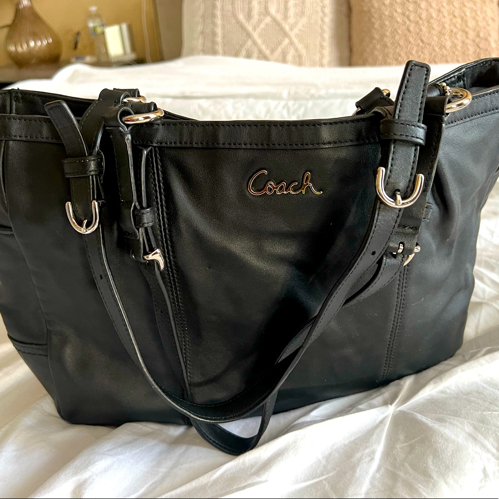 Coach Black Leather Satchel With Light Blue Lining, Silver Hardware